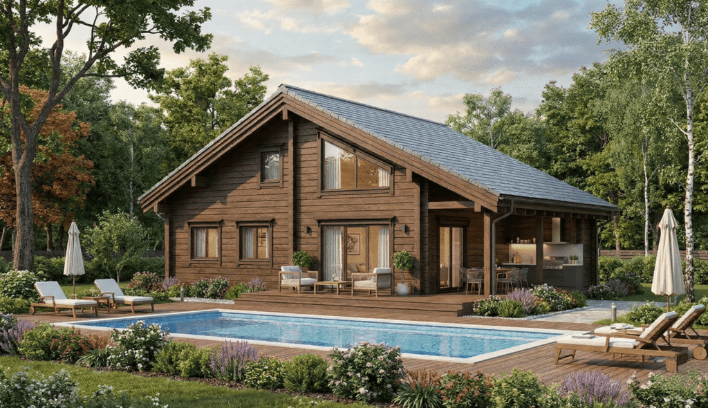 Casa de madera unifamiliar de color negro antracita con cubierta a dos aguas y grandes ventanales triangulares, estilo rústico moderno en la Sierra de Madrid.